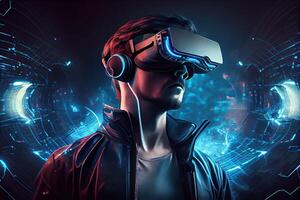 génératif ai illustration de homme avec virtuel réalité vr lunettes en jouant ar augmenté réalité Jeu et divertissement, futuriste métaverse gamefi nft Jeu des idées photo