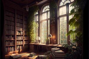 génératif ai illustration de à l'intérieur une magnifique bibliothèque, gros les fenêtres, Naturel lumière, les plantes et mousse sur des murs, beaucoup de livres, en bois étagères photo