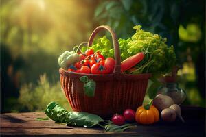 génératif ai illustration de panier avec des légumes dans le ensoleillé jardin photo