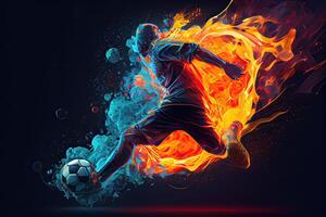 génératif ai illustration de le essence de une football joueur dans mouvement comme elles ou ils donner un coup une Balle avec intense énergie, entouré par vibrant couleurs et éclaboussures photo