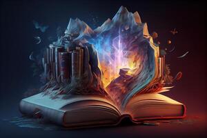 génératif ai illustration de livre de connaissance, univers, fantaisie épique atmosphère, magnifique visuel effets. connaissance ouvert Nouveau monde. photo