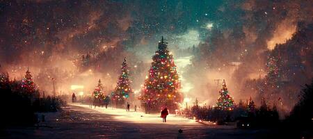 génératif ai illustration de abstrait fantaisie de fête Noël arbre Contexte entête fond d'écran, hiver abstrait paysage. Noël scène. bannière entête. numérique art. photo