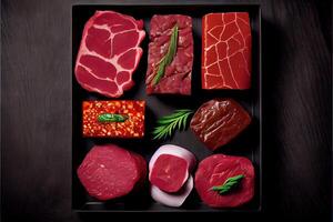 génératif ai illustration de variété de brut du boeuf Viande steaks pour grillage avec assaisonnement et ustensiles, assorti brut du boeuf Viande, Frais brut du boeuf steaks sur en bois planche photo