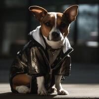 une chien dans une cuir veste ai génératif photo