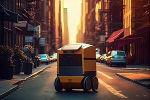 génératif ai illustration de le futur de livraison La technologie avec autonome courrier des robots dans animé Urbain paysages, une livraison robot comme bien comme autonome livraison voitures établi par une affaires photo