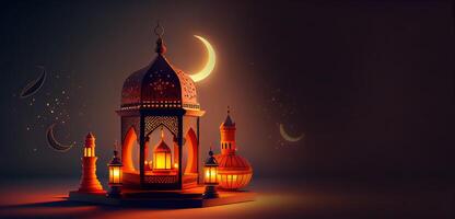 génératif ai illustration de islamique vacances. Ramadan nuit. mosquée et lanterne affiché sur étapes avec embrasé lumière dans le soir. fond d'écran et bannière Contexte. photo