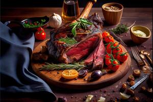 génératif ai illustration de fraîchement grillé tomahawk steaks sur en bois Coupe conseil, superbement délicieux tomahawk steak, barbecue photo