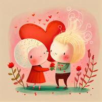 génératif ai illustration de un adorable et attachant dessin animé personnage pour la Saint-Valentin jour, aimer, cœurs, fleurs, romance, content, joyeux, joyeux, amusant, espiègle, léger, sucré photo