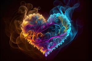 génératif ai illustration de brillant multicolore cœur symbole fabriqué de fumée, abstrait ajouré cœur fabriqué de fumée et néon photo