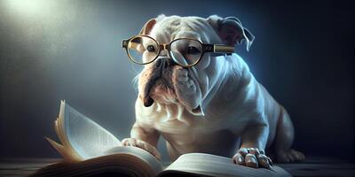 génératif ai illustration de intelligent sérieux chien dans des lunettes en train de lire une livre, volumn lumière photo