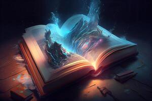 génératif ai illustration de livre de connaissance, univers, fantaisie épique atmosphère, magnifique visuel effets. connaissance ouvert Nouveau monde. photo