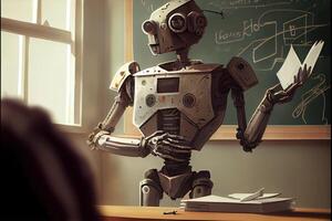 génératif ai illustration de écoles de avenir. intelligent soi automatique robot dans école, enseignement dans classe photo