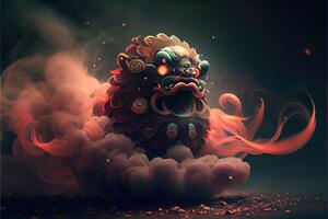 génératif ai illustration de anthropomorphe traditionnel chinois Lion danse, gros rond yeux, dodu corps, chinois printemps festival, lumineux particules, fumée photo
