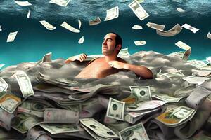 génératif ai illustration de homme nager dans le très grand pile de argent photo