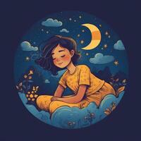 fille en train de dormir parmi le bleu ciel, brillant lune et étoiles, dessin animé avec génératif ai photo