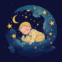 bébé en train de dormir parmi bleu ciel, brillant lune et étoiles, dessin animé avec génératif ai photo