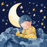 bébé en train de dormir parmi bleu ciel, brillant lune et étoiles, dessin animé avec génératif ai photo