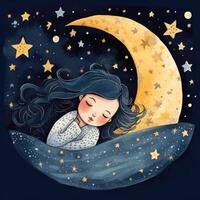 fille en train de dormir parmi le bleu ciel, brillant lune et étoiles, dessin animé avec génératif ai photo