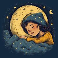 fille en train de dormir parmi le bleu ciel, brillant lune et étoiles, dessin animé avec génératif ai photo