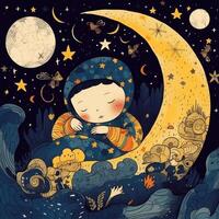 bébé en train de dormir parmi bleu ciel, brillant lune et étoiles, dessin animé avec génératif ai photo