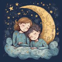 bébé en train de dormir parmi bleu ciel, brillant lune et étoiles, dessin animé avec génératif ai photo