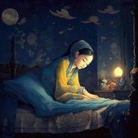 fille en train de dormir parmi le bleu ciel, brillant lune et étoiles, dessin animé avec génératif ai photo