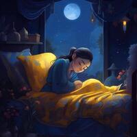 fille en train de dormir parmi le bleu ciel, brillant lune et étoiles, dessin animé avec génératif ai photo