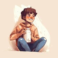 Jeune garçon en buvant lait, dessin animé illustration avec génératif ai photo