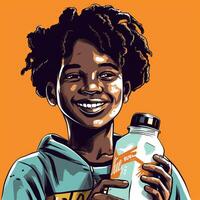 Jeune garçon en buvant lait, dessin animé illustration avec génératif ai photo