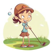 fille golfeur en jouant une vert arrière-plan, dessin animé illustration avec génératif ai photo