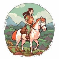 une fille équitation sur une cheval, dessin animé illustration avec génératif ai photo