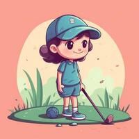 fille golfeur en jouant une vert arrière-plan, dessin animé illustration avec génératif ai photo