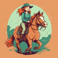 une fille équitation sur une cheval, dessin animé illustration avec génératif ai photo