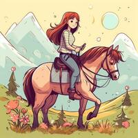 une fille équitation sur une cheval, dessin animé illustration avec génératif ai photo