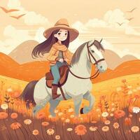 une fille équitation sur une cheval, dessin animé illustration avec génératif ai photo