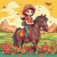 une fille équitation sur une cheval, dessin animé illustration avec génératif ai photo