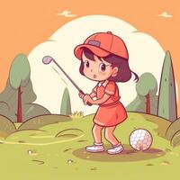 fille golfeur en jouant une vert arrière-plan, dessin animé illustration avec génératif ai photo