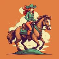 une fille équitation sur une cheval, dessin animé illustration avec génératif ai photo