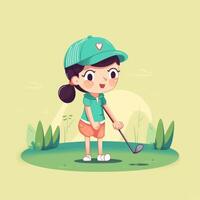 fille golfeur en jouant une vert arrière-plan, dessin animé illustration avec génératif ai photo