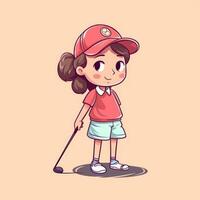 fille golfeur en jouant une vert arrière-plan, dessin animé illustration avec génératif ai photo