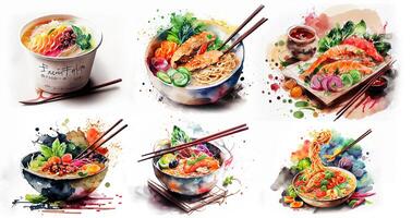 génératif ai illustration de knolling Japonais cuisine nourriture, aquarelle peindre style, ensemble de asiatique nourriture photo