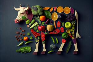 génératif ai illustration de une vache fabriqué de Frais des fruits et des légumes photo