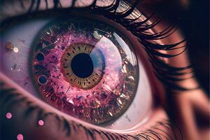 génératif ai illustration de macro la photographie coup de réaliste femelle yeux avec rose iris cette regards comme une romain numéral analogique horloge, temps dans yeux, opalescence et brillant, brisé verre cristaux photo