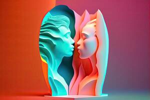 génératif ai illustration de diorama style de personnages portrait, l'amour est dans le air homme femme baiser, pastel volumétrique lumière photo