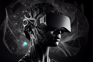 génératif ai illustration de métaverse concept et virtuel monde éléments. silhouette de une Humain visage dans augmenté ou virtuel réalité casque. neural réseau généré ai art photo