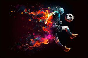 génératif ai illustration de le essence de une football joueur dans mouvement comme elles ou ils donner un coup une Balle avec intense énergie, entouré par vibrant couleurs et éclaboussures photo