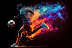 génératif ai illustration de le essence de une football joueur dans mouvement comme elles ou ils donner un coup une Balle avec intense énergie, entouré par vibrant couleurs et éclaboussures photo