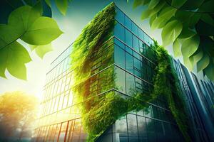 génératif ai illustration de éco amical construction dans une contemporain métropole. une durable verre bâtiment avec vert arbre branches et feuilles pour abaissement chaleur et carbone dioxyde. photo