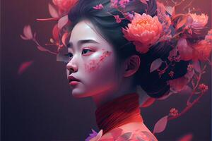 génératif ai illustration de asiatique femme avec fleurs concept art. chinois numérique art, style photo