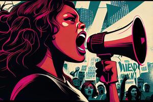 génératif ai illustration de une liberté ou femmes égalité manifestation pour global changement, le sexe égalité ou noir femme orateur bats toi pour soutien, ville discours ou Humain droits se rallier par Justice guerrier photo